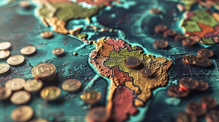 Close-up image of a world map with scattered coins representing global finance and economy. Vibrant colors highlight Latin America.