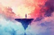 © reels - Surreal artwork of a solitary figure standing on a floating island amidst vibrant, colorful clouds, evoking feelings of wonder and isolation.
