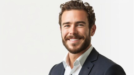 Smiling young businessman wearing a suit, posing confidently against a white background. Professional headshot for corporate use.