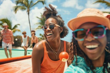 Joyful Multiracial Teenagers Enjoying Mini Golf at Tropical-Themed Course in Summer, Dressed in Vibrant Attire