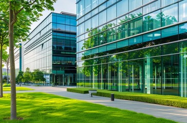 Wall Mural - Modern office building with glass facades, green lawn and trees near the entrance of business center in commercial complex