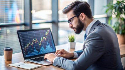 Wall Mural - Financial Analyst with Charts: An image of a male financial analyst studying complex charts on a laptop screen, highlighting financial analysis and strategy.	
