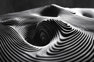 Monochrome abstract image featuring undulating wave patterns, creating a dramatic and textured landscape effect