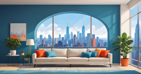 digital painting, A modern living room with a large window overlooking a colorful city skyline. The room has a beige sofa with colorful throw pillows, and a potted plant on a side table. 