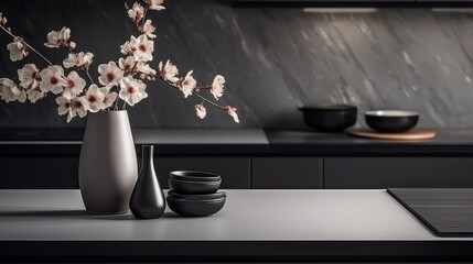 Wall Mural - Modern composition of kitchen space with design kitchen island, grey table, black vase with flowers, furnitures and elegant personal accessories. Stylish home decor. Template