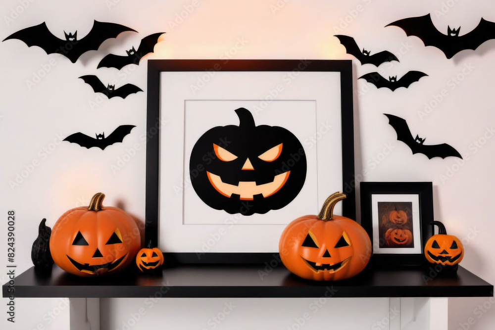Mock up black frame with Jack o Lantern and pumpkin decor on a shelf or ...