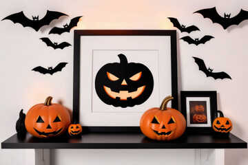 Mock up black frame with Jack o Lantern and pumpkin decor on a shelf or desk. Halloween concept. Portrait frame against a white wall with bats.