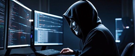 hacking with a mesmerizing depiction of an anonymous hacker, their back presented in a half-turn, wearing a hoodie, seated in front of a commanding monitor, engrossed in the process of deciphering
