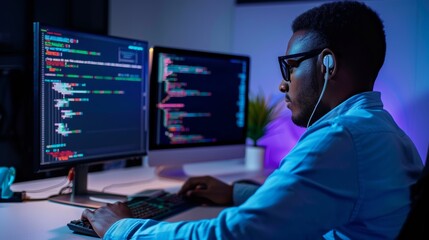 Man working on computer with code on screen, focused on programming.