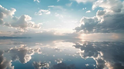 Wall Mural - a tranquil scene of soft pastel clouds reflected on the vast expanse of salar de uyuni.
