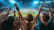 © stockpro - Cheering fans in a packed stadium enjoying a thrilling football match under bright lights. The atmosphere is electric with excitement.