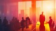 © stockpro - Silhouetted business meeting in a modern office with a vibrant sunset backdrop, showcasing professional teamwork and discussion.