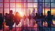 © stockpro - Silhouetted businesspeople having a board meeting in a modern office with a cityscape sunset view through large windows.