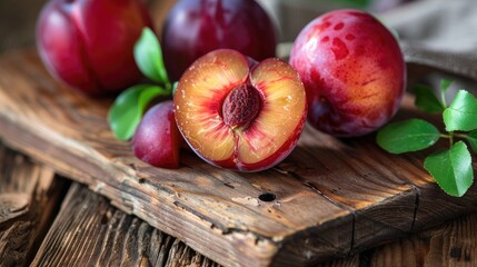 Wall Mural - Juicy plum cut in half placed on a wooden board