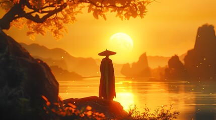 Tranquil Voyage through Mystic Landscape at Golden Sunset