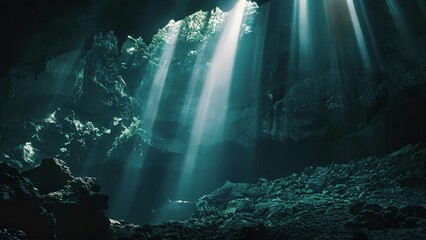 Wall Mural - muted light streams through a halocline in a cenote creating an otherworldly atmosphere.