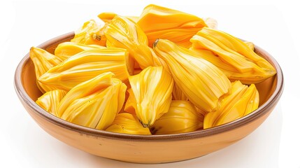Wall Mural - A bowl of fresh, peeled jackfruit segments isolated on a white background, showcasing a tropical and exotic fruit.