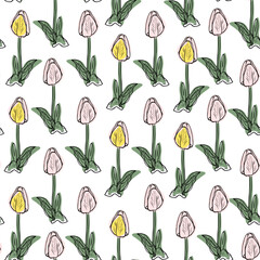 Wall Mural - Seamless pattern of colorful tulips. Drawn, highly realistic, vector, spring flowers for fabric, prints, decorations, invitation cards.