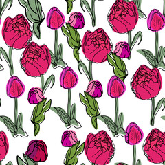 Wall Mural - Seamless pattern of colorful tulips. Drawn, highly realistic, vector, spring flowers for fabric, prints, decorations, invitation cards.