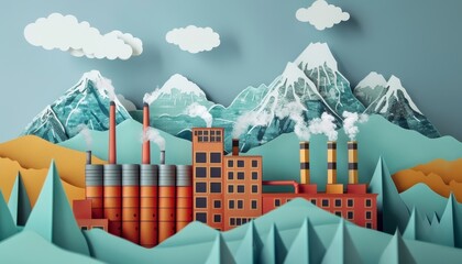 Wall Mural - a paper drawing of a mountain range with a factory in the foreground by ai generated image