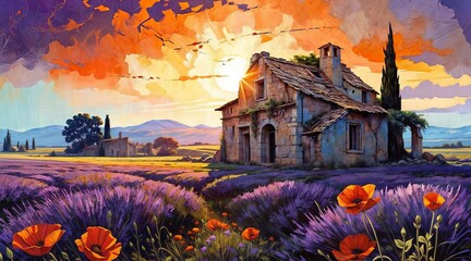 Canvas Print - A painting featuring a house sitting in the midst of a field blooming with colorful flowers