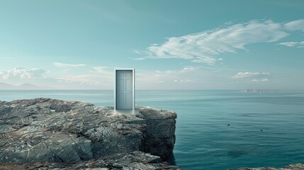 Wall Mural - A surreal concept of a lone closed door standing on a coastal rock leading to a vast tranquil sea and horizon.