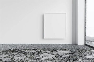 Wall Mural - Blank frame in an empty room with a white wall and a basalt floor. Ultra HD 3D render, SEO-optimized.