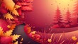 © Nisit - An autumn background featuring a winding road through a forest with brilliant red and orange leaves, with space for text