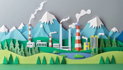 Wall Mural - a paper drawing of a mountain range with a factory in the foreground by ai generated image