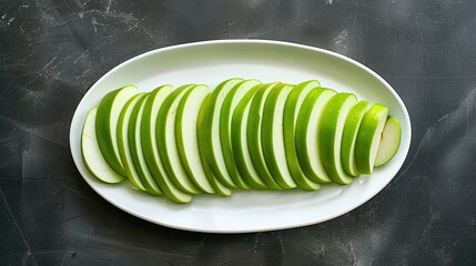 Wall Mural - Sliced green apples arranged neatly on a white oval platter, ready to be served as a refreshing snack.