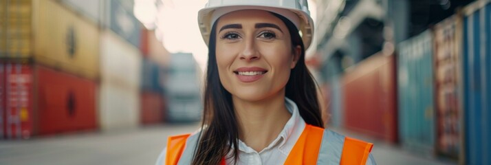 Poster - A woman in a hard hat smiling at the camera. AI.