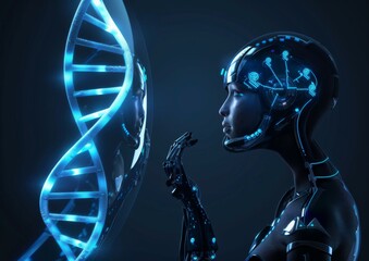 Wall Mural - a futuristic robot with a dna strand in its hand. ai.