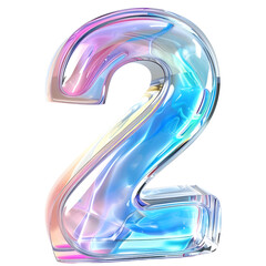 number 2 is made of glass with rainbow colors and light reflection on the surface on transparent png background