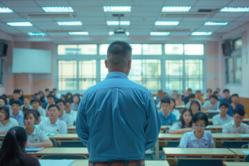 Poster - A cherubic middle-aged male teacher in a blue shirt standing at the front of a large classroom with students sitting behind desks, teaching to his full classroom of happy high school and college-aged 