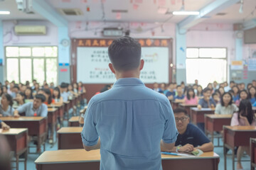 Poster - A cherubic middle-aged male teacher in a blue shirt standing at the front of a large classroom with students sitting behind desks, teaching to his full classroom of happy high school and college-aged 