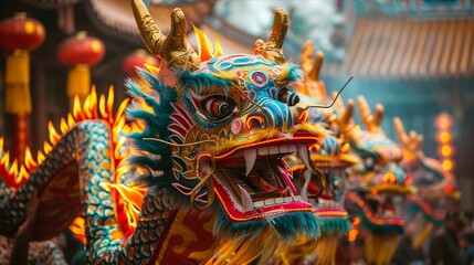 Vibrant chinese dragon dance costumes in a colorful festive celebration scene