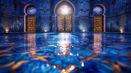 Arabic Middle Eastern blue background with Islamic pattern geometry and mosaic.