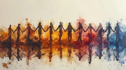 Wall Mural - A drawing of people forming a human chain to reach a goal, representing united effort. image