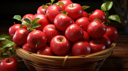 Wall Mural - Vibrant Fresh Red Wet Apples in a Wooden Barrel on Blurry Background