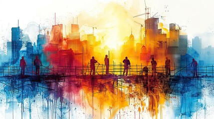 Wall Mural - A drawing of people building a structure together, symbolizing creating infrastructure through teamwork. image