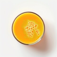 Wall Mural - One cup of orange juice on a white background. Overhead view.