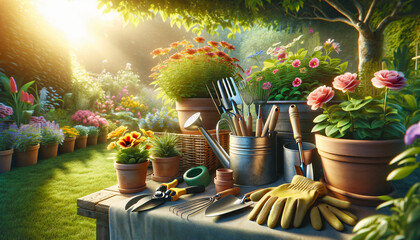 Garden outdoor scene with watering bucket, plants, and tools, ray of  sunlight