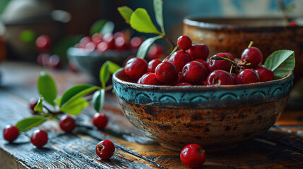 Wall Mural - Vibrant Red Berries In A Traditional Ceramic Bowl Shine With on Blurry Wooden Background