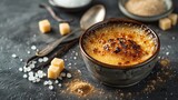Tasty creme brulee served in a bowl with vanilla beans sugar cubes and a spoon on a dark textured table captured up close