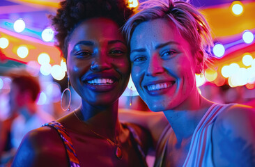 Wall Mural - Two friends at an outdoor music festival, one black woman with short hair and the other white woman in her late twenties, both smiling joyfully as they pose for photos under colorful lights.