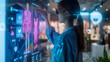 © Art_spiral - woman wearing glasses uses a holographic interface to interact with virtual and fashion items displayed on a digital screen, shopping experience at a futuristic retail store, ecommerce concept