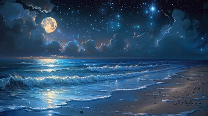 Wall Mural - Nature Background, Moon and Stars Over a Quiet Beach: A peaceful beach at night, with the ocean waves shimmering under the moonlight and stars filling the sky. Illustration image,
