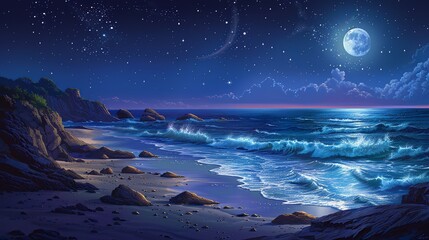 Wall Mural - Nature Background, Moon and Stars Over a Quiet Beach: A peaceful beach at night, with the ocean waves shimmering under the moonlight and stars filling the sky. Illustration image,
