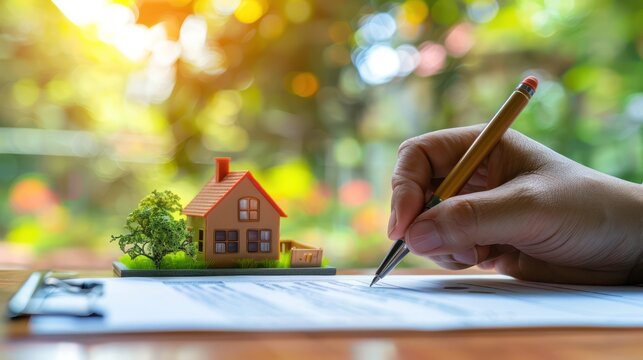 Depict a hand signing a rental contract agreement with a small house model on the table, symbolizing the beginning of a new chapter in renting a home. 