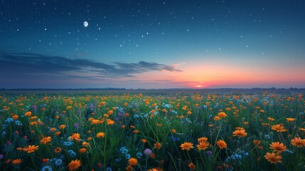 Nature Background, Moonrise Over a Flower Field: An enchanting view of the moon rising over a field of wildflowers in full bloom, with the sky transitioning to twilight. Illustration image,